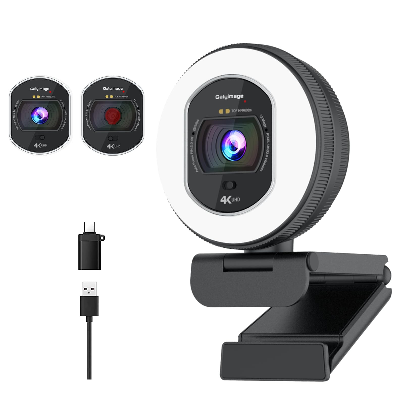 4K Webcam with Ring Light Web Cam 4K Autofocus with TOF Computer Camera 1080P