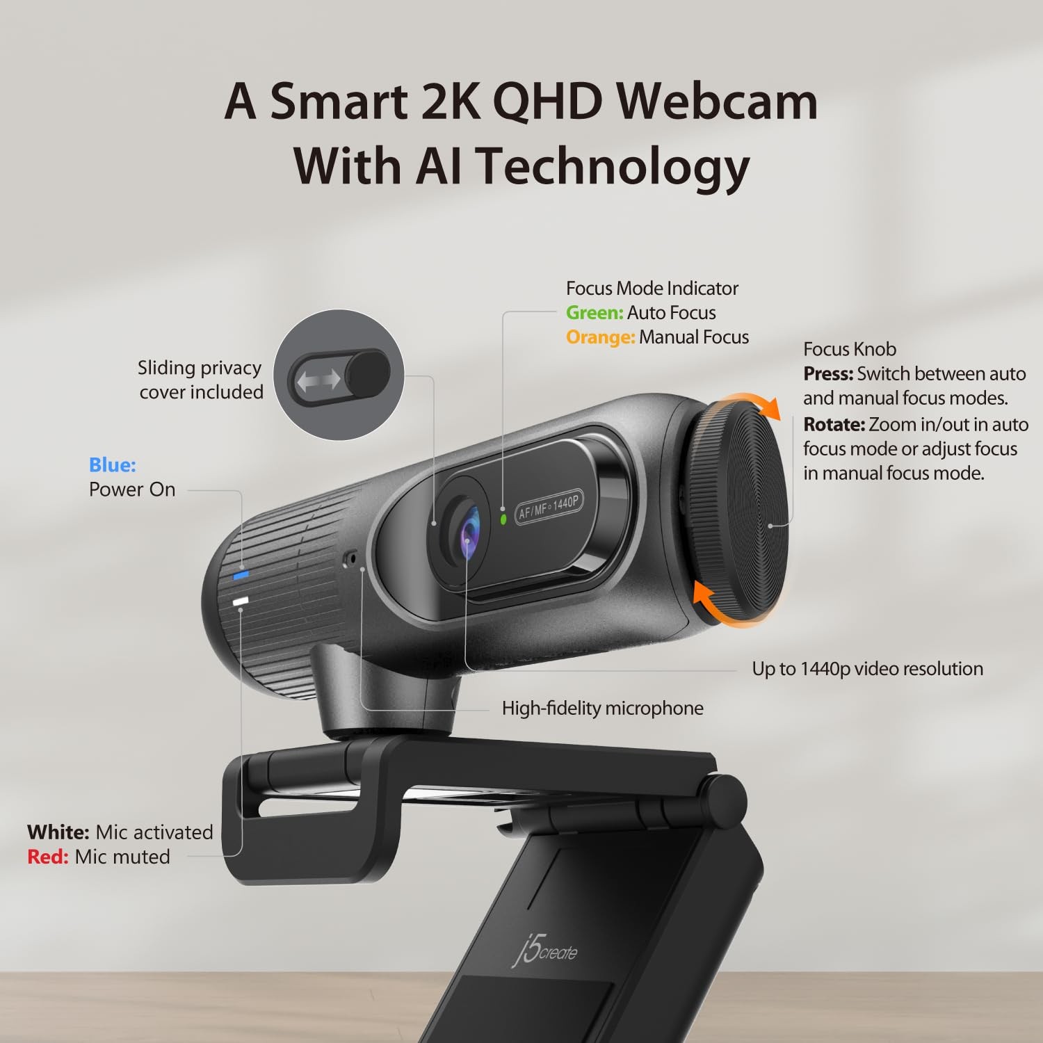2K@60FPS AI Webcam with AI Framing, Auto-Focus,