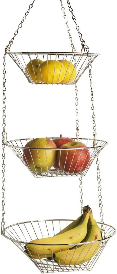 Chromed 3 Tiers Hanging Fruits Basket. 9"/10"/11" Round Basket.