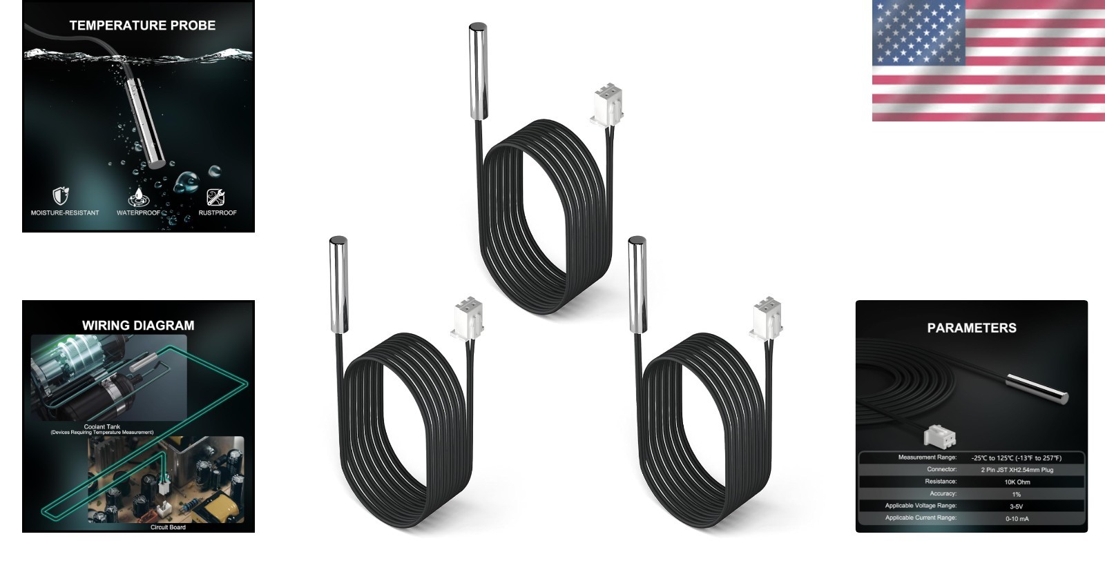 NTC Temperature Sensor Probe 3pcs Waterproof 1 Meter for Measuring Control