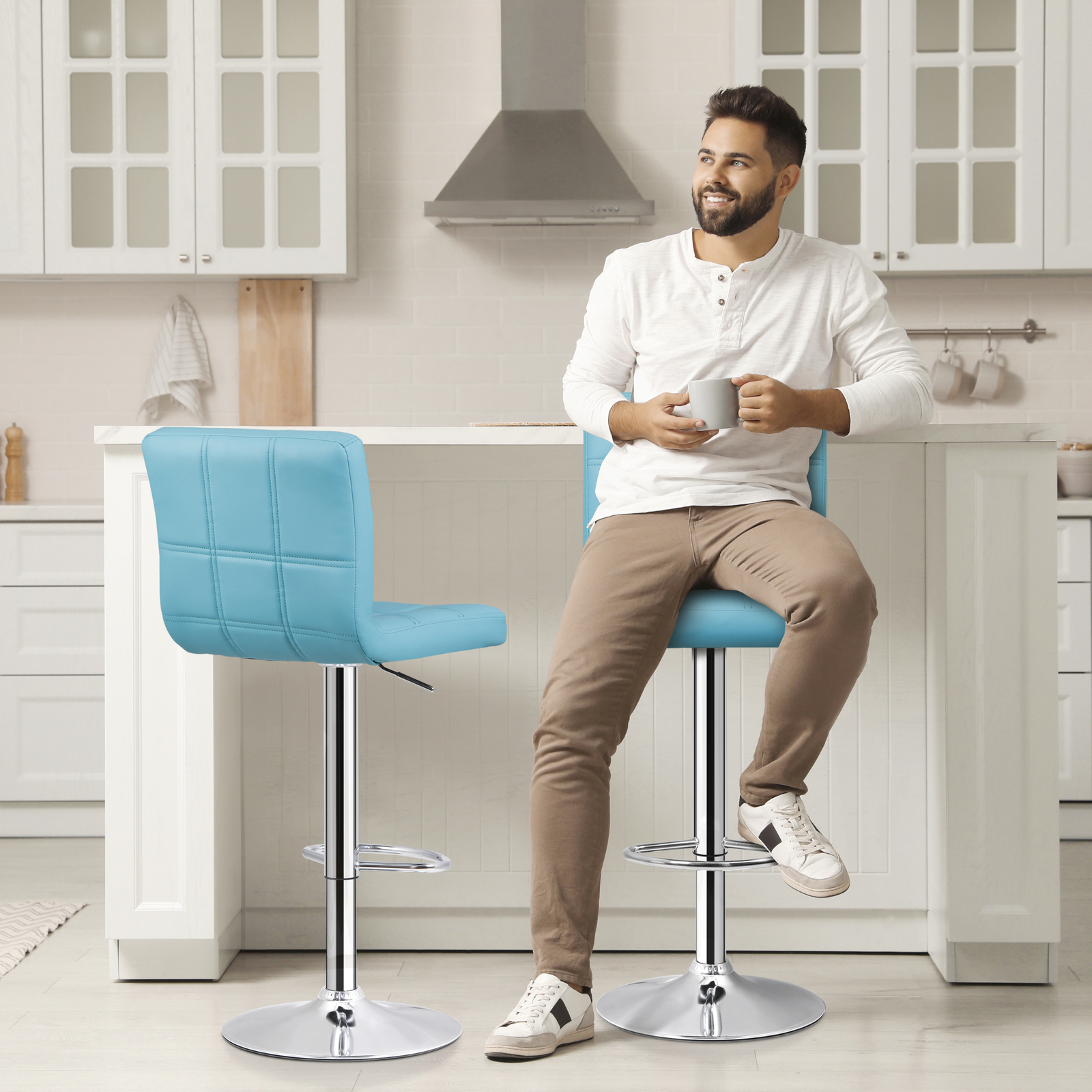2PCS Bar Stools Blue PU Leather Height Adjustable Swivel Barstools Armless