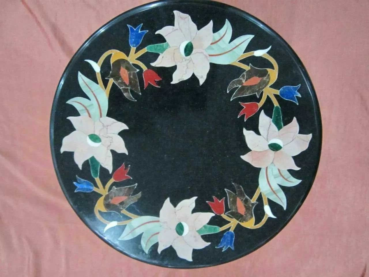 18" Black Marble Round Coffee Table Pietradura Inlay Art Handmade Work Home Deco