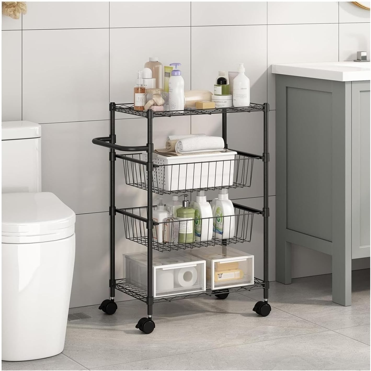 4-Tier Kitchen Cart Rolling Storage Utility Cart w/ Handle & 2 Removable Baskets