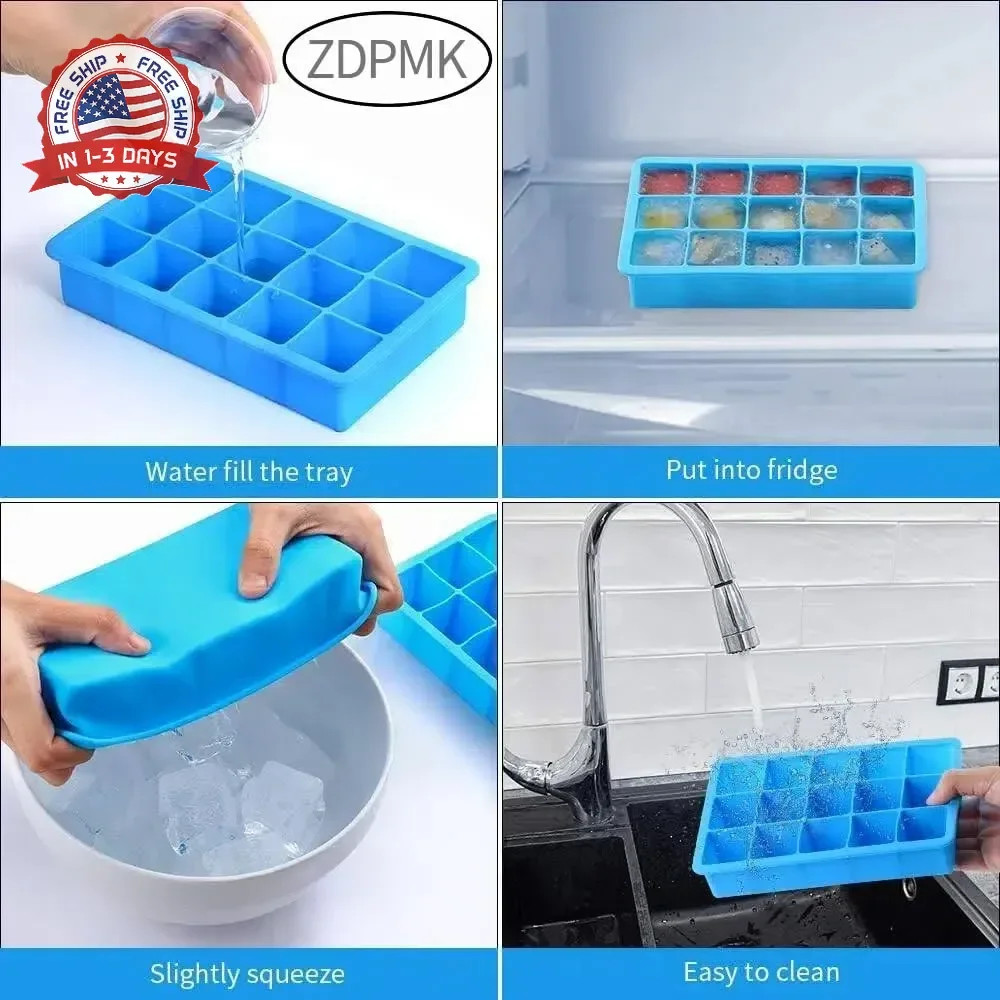 2 Pack Ice Cube Trays, ZDPMK Silicone Easy Release Flexible Molds 15 Ice Cubes T