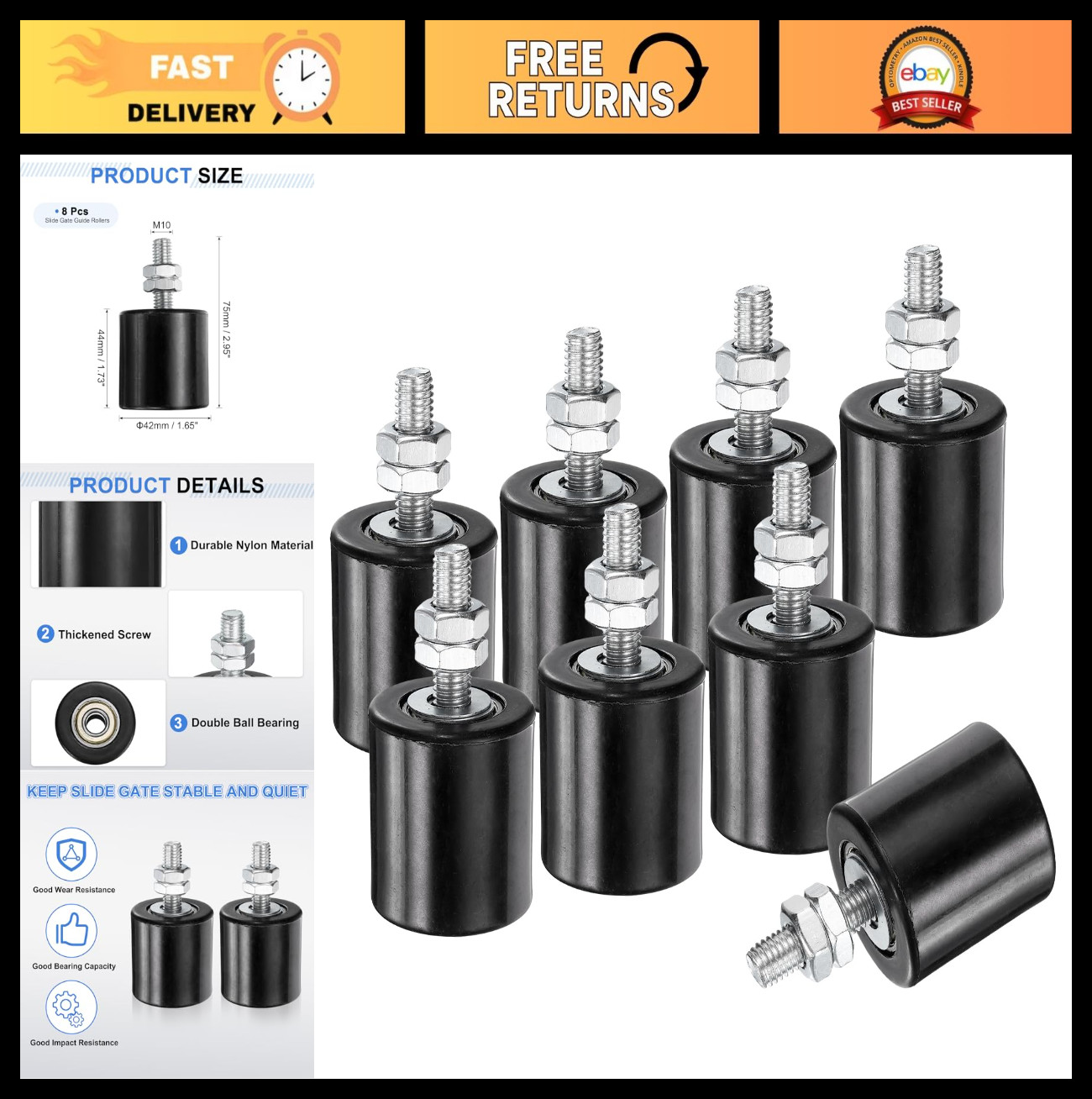 8Pcs Nylon Slide Gate Guide Rollers, 1.7" Ball Bearing Support for Sliding Doors
