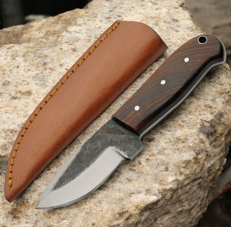 7" Full Tang Hunting Skinner Knife Forged Look Blade Wood Handle Leather Sheath