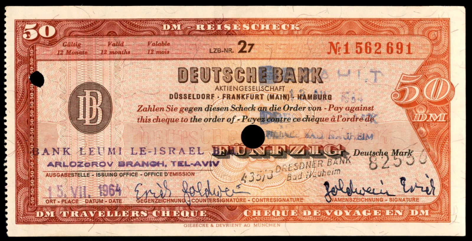 Germany Old Travelers Check issued by Deutsche Bank 1964 Cleared By Bank Leumi