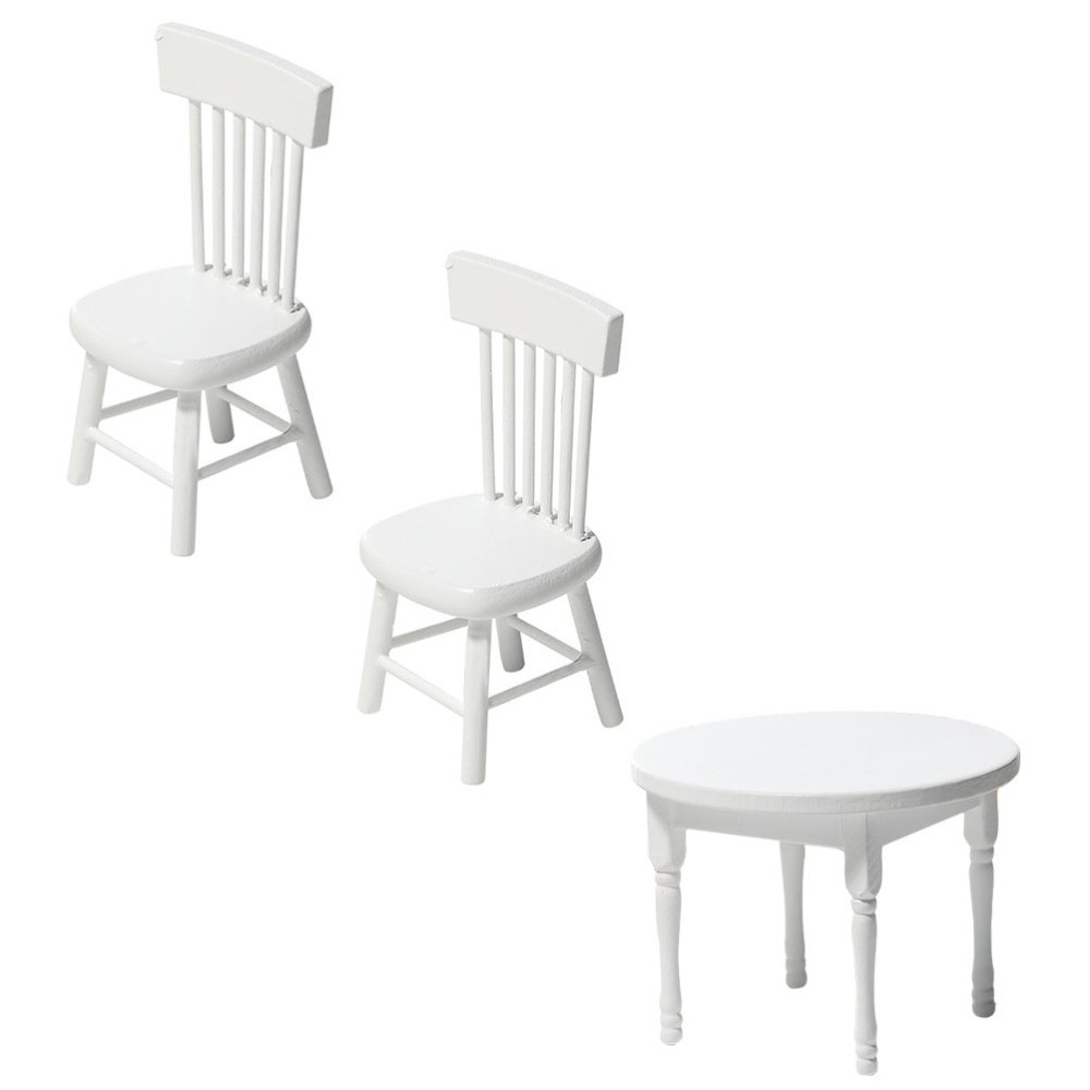 1Set Miniature Wooden Desk Chair Set White Playhouse Accessory for Decoration