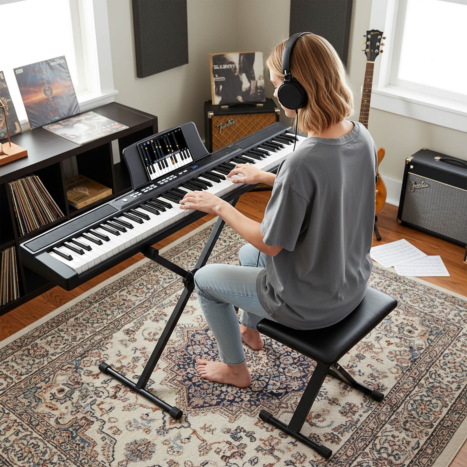 88-Key Electric Piano Keyboard w/Adjustable Stand Stool, Light-up Keys & Buttons