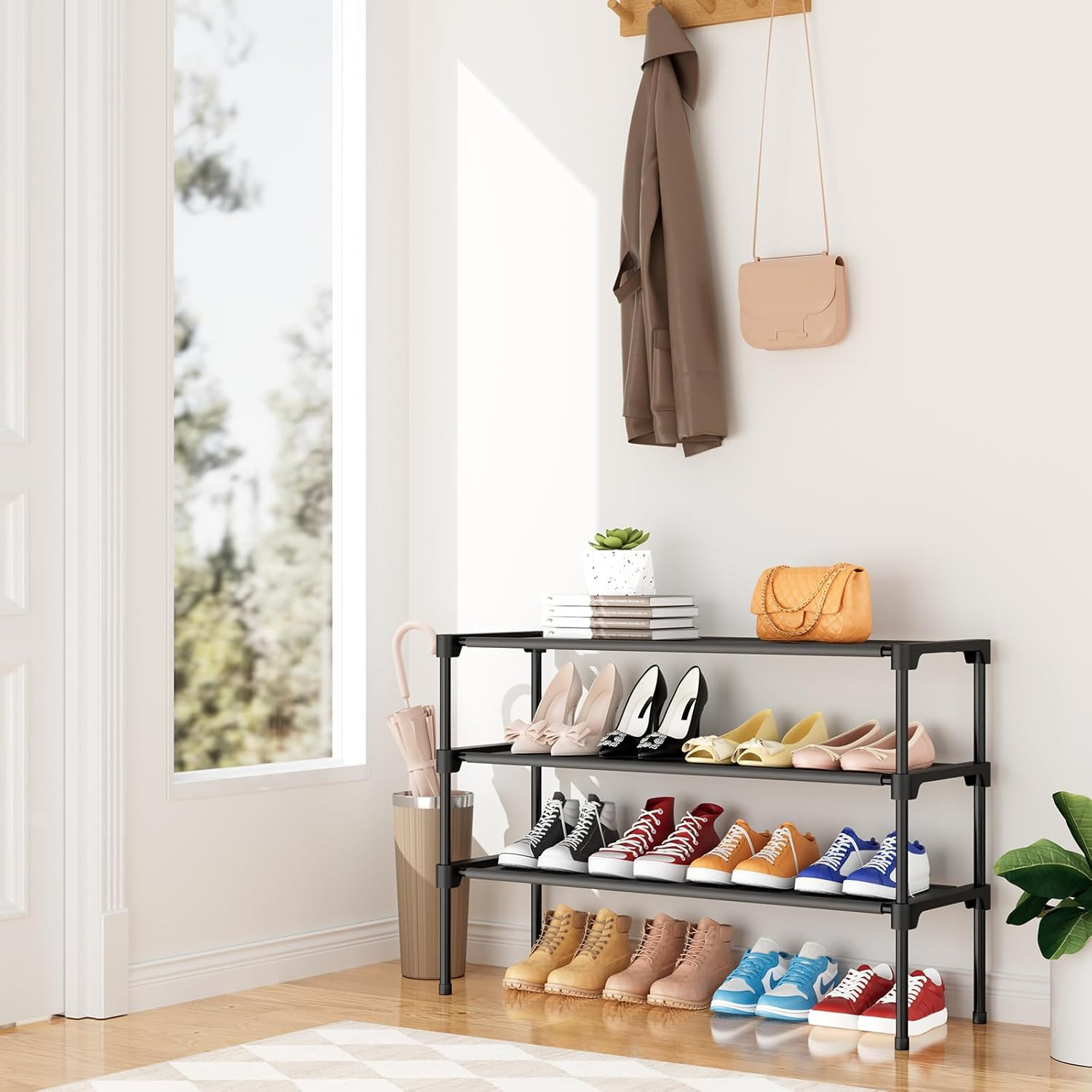 32.3" Widening Design Shoe Rack for Closet 16 Pairs Small Spaces Non-Woven 3 Tie