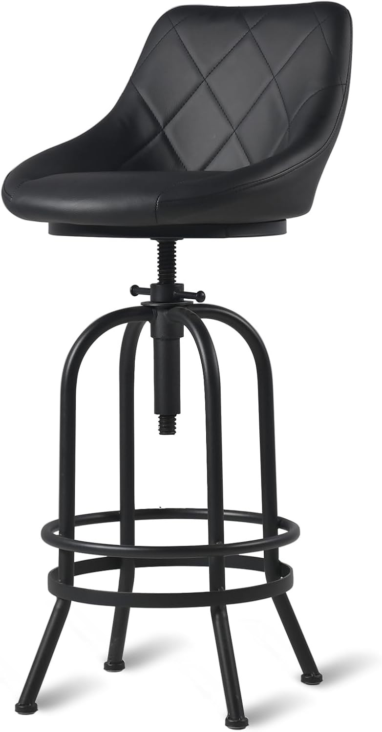 Industrial Bar Stool with Leather Backrest 26-32inch Height Adjustable Rustic