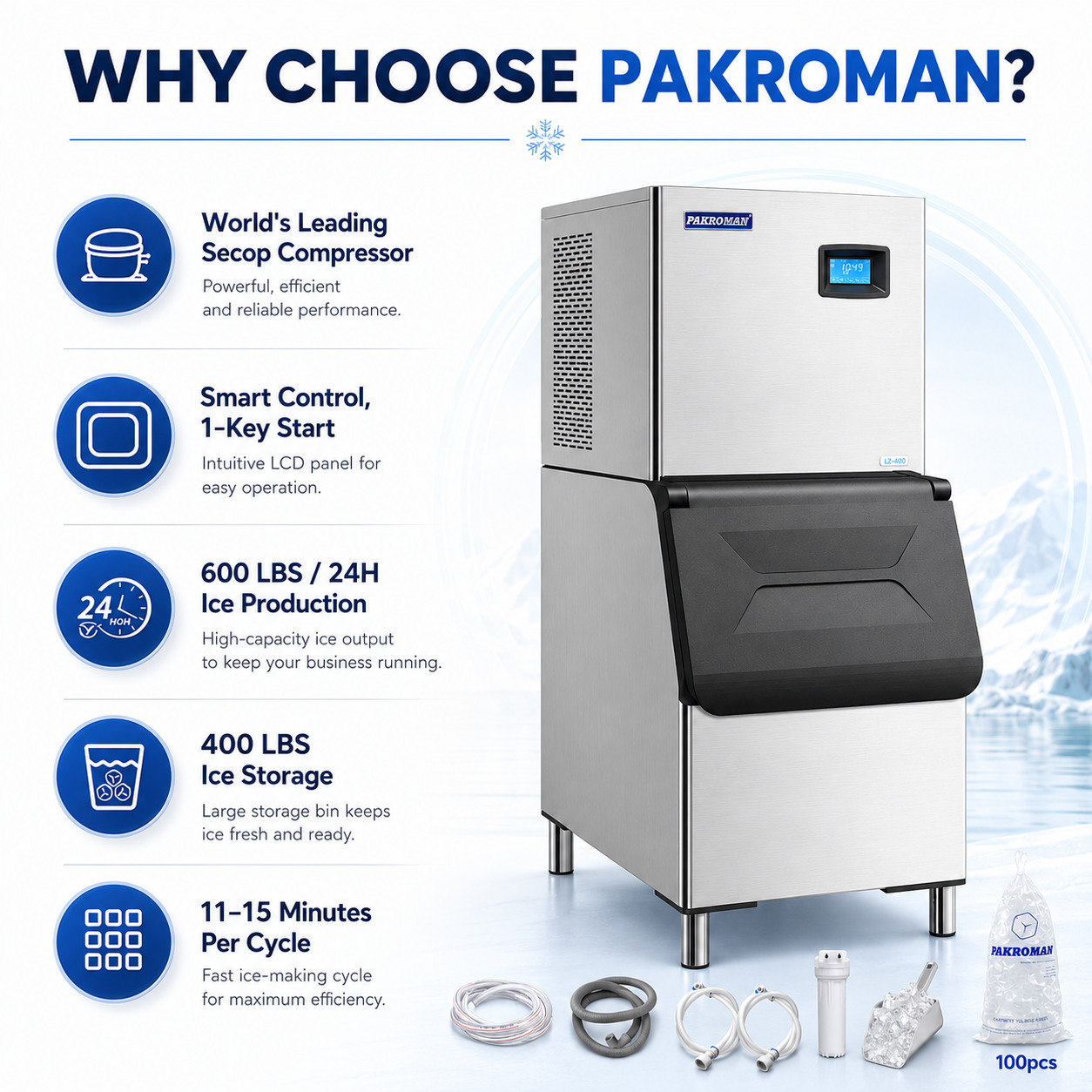 610LBS/24H Air Cooling Commercial Ice Maker Machine400lbs Storage Bin PAKROMAN