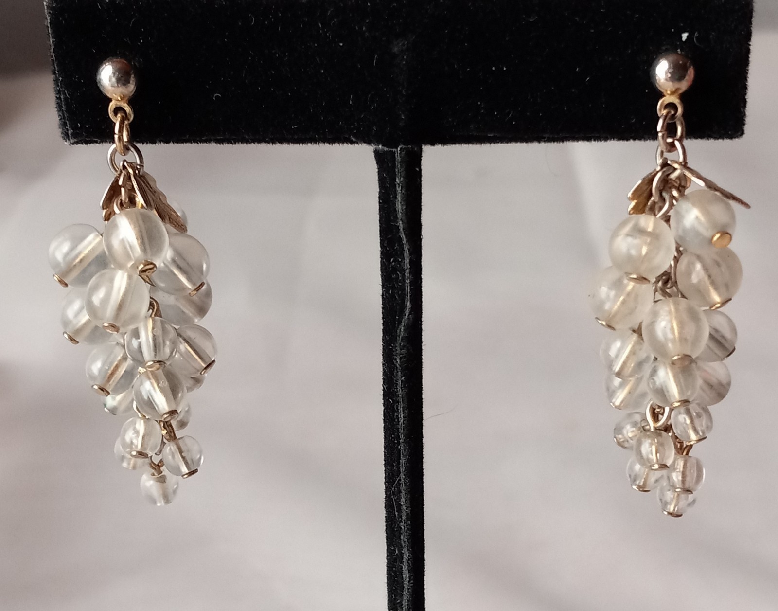 White Frosted Beaded Grape Cluster Dangling Earrings- Pierced 1.5" Long   #F-W