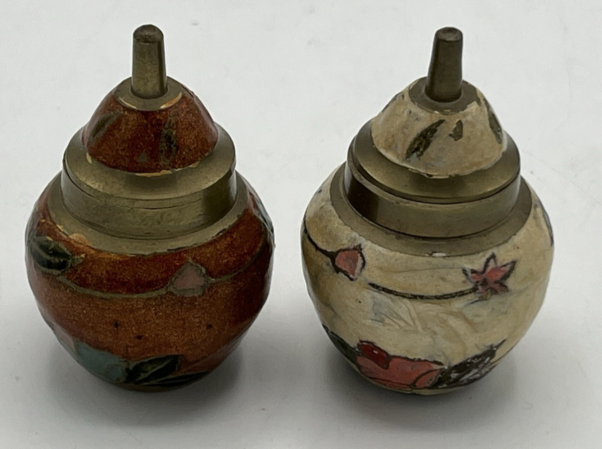 Pair of Enamel Floral Metal Lidded Miniature Jar Asian 2 1/2" Tall