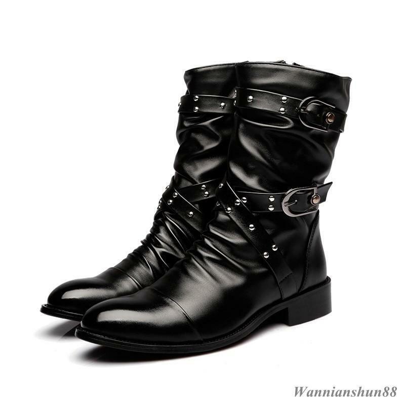 Mens Punk Buckle Strap Rouched Casual Pointed Toe Rivet Combat Ankle Boots