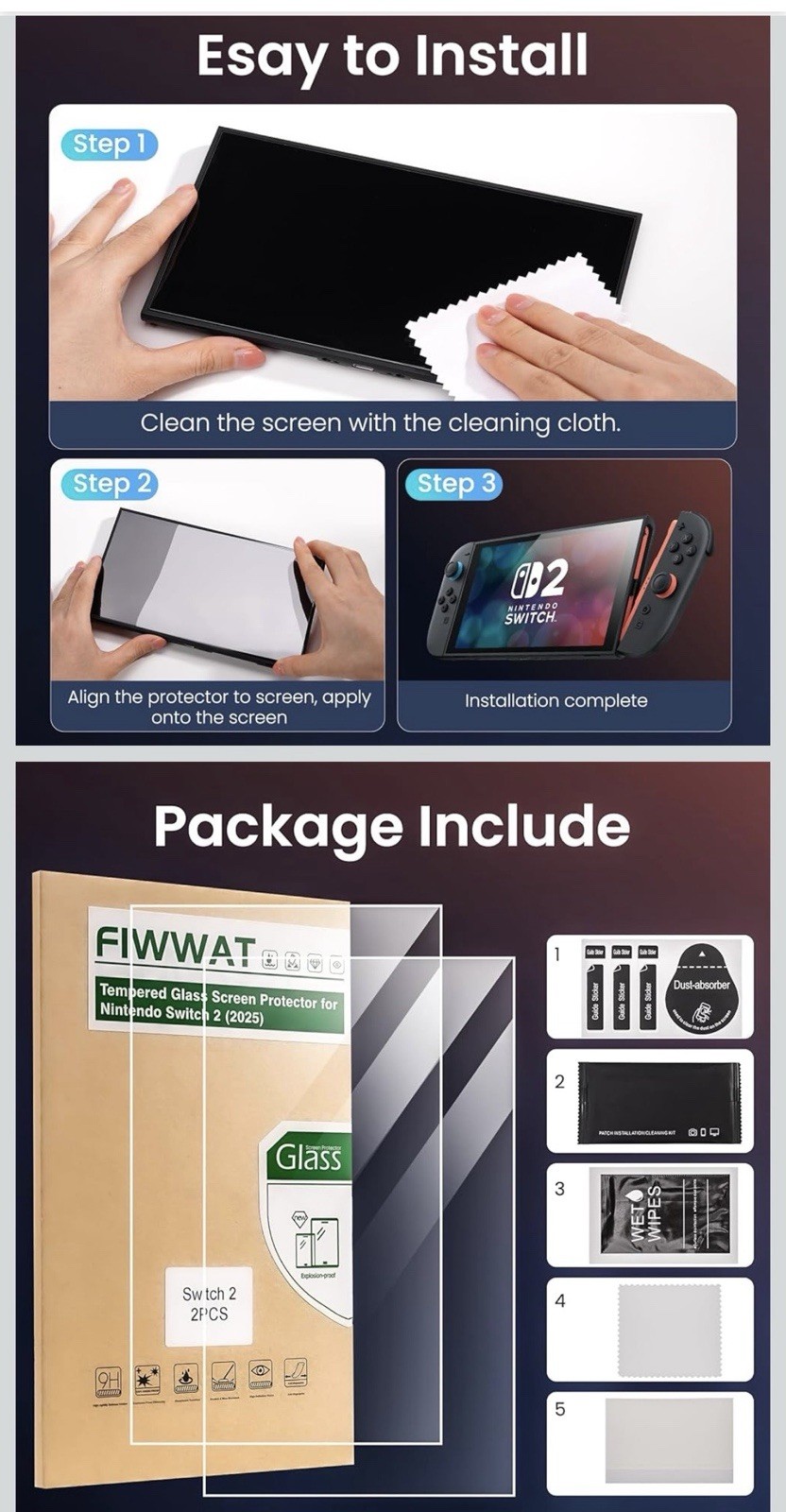 FIWWAT 2-Pack Tempered Glass Screen Protector for Nintendo Switch 2 2025 9H