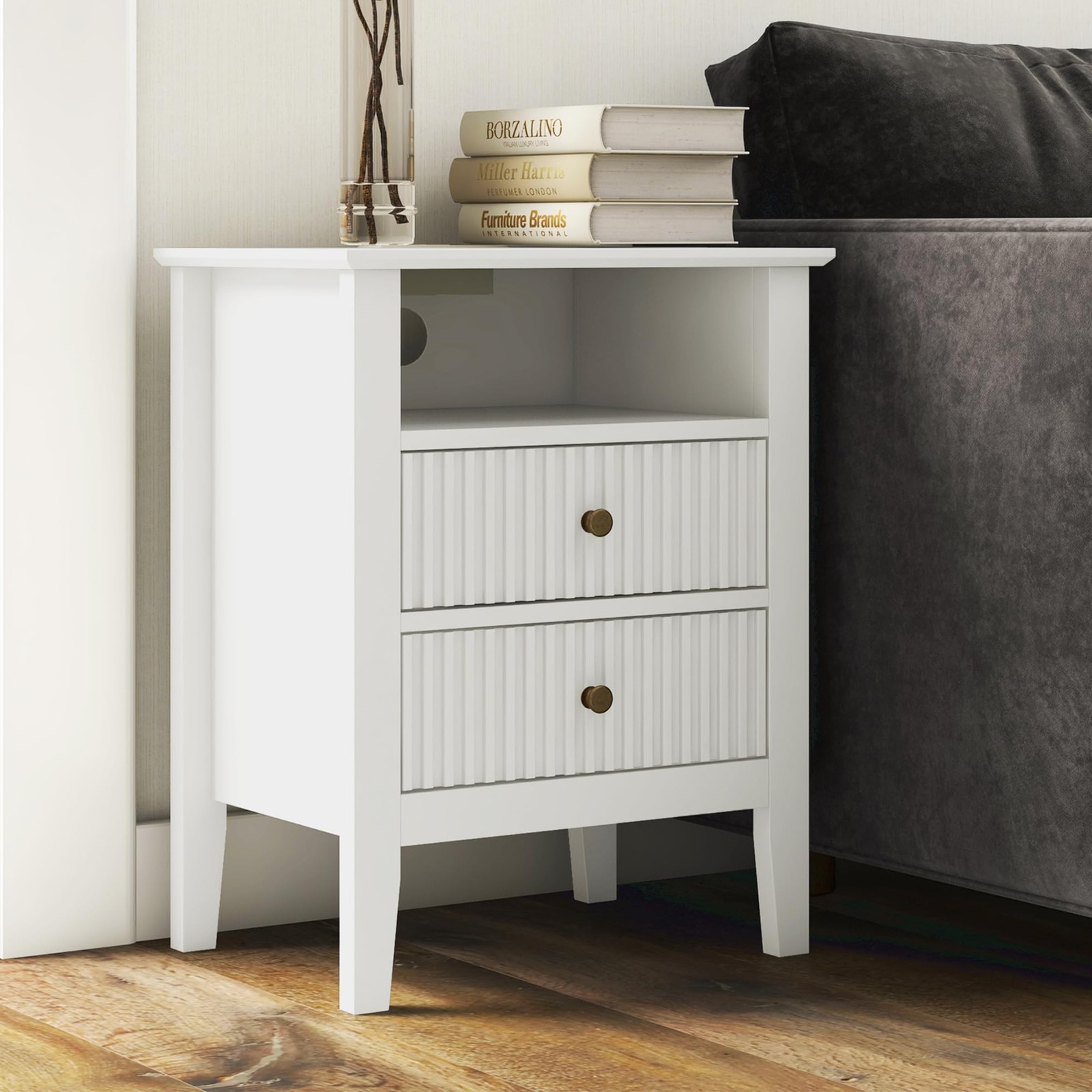 RoyalCraft White Nightstand with Charging Station, Fluted Night Sta... Fast Ship