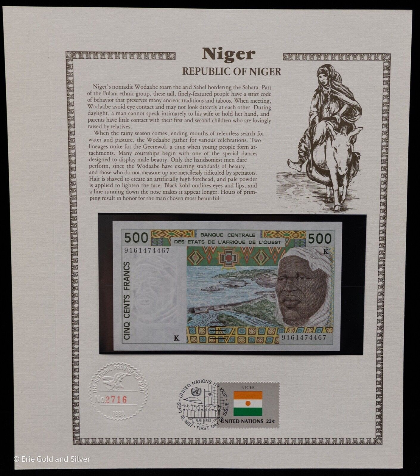 Niger 1991 500 Francs Flag Series FDI First Day Issue UN United Nation 22c Stamp