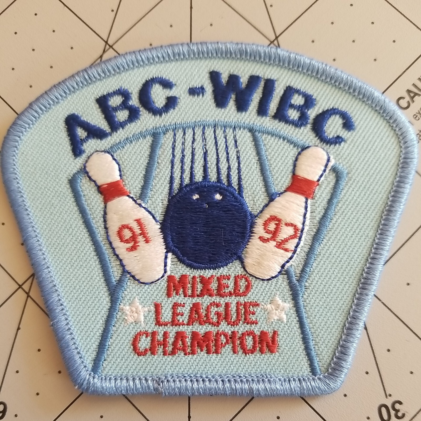 BOWLING PATCH MIXED LEAGUE CHAMPION ABC WIBC 1991 1992 SPLIT PINS
