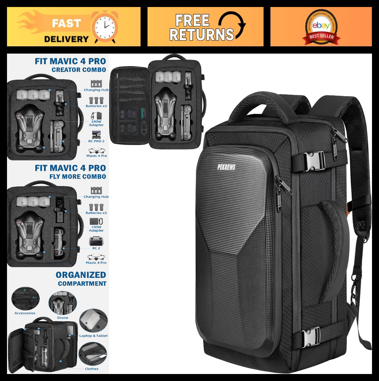 Expandable Drone Backpack Case for DJI Mavic 4 Pro, Fits 17.3" Laptop, Travel Ba