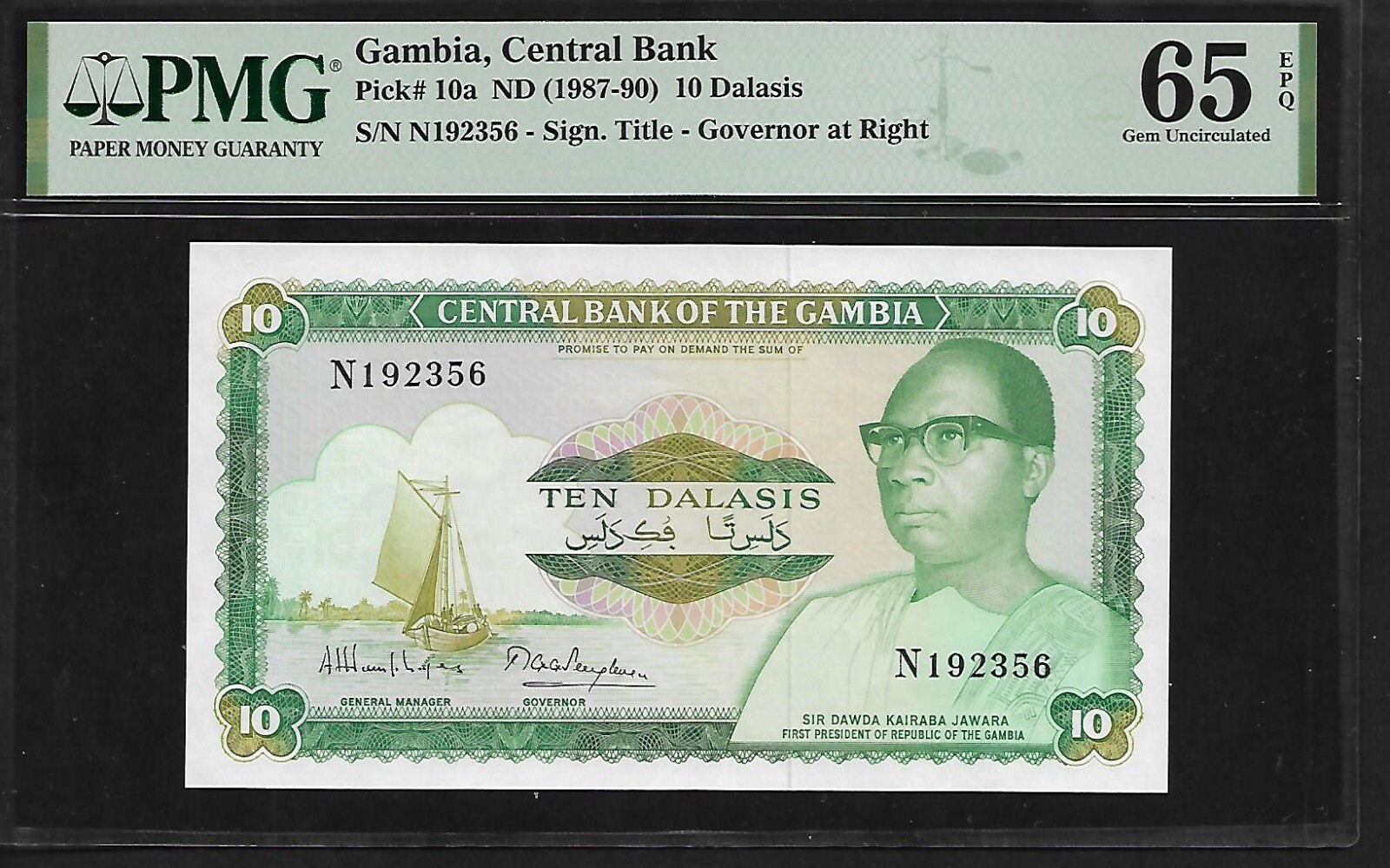 Gambia 10 Dalasis 1987-90 PMG 65 EPQ UNC Pick#10a Central Bank