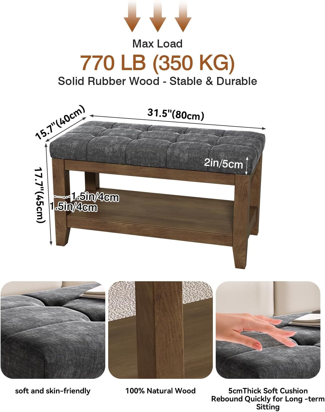 Solid Rubber Wood Shoe Bench Soft Chenille Material Upholstered Seat 770LB