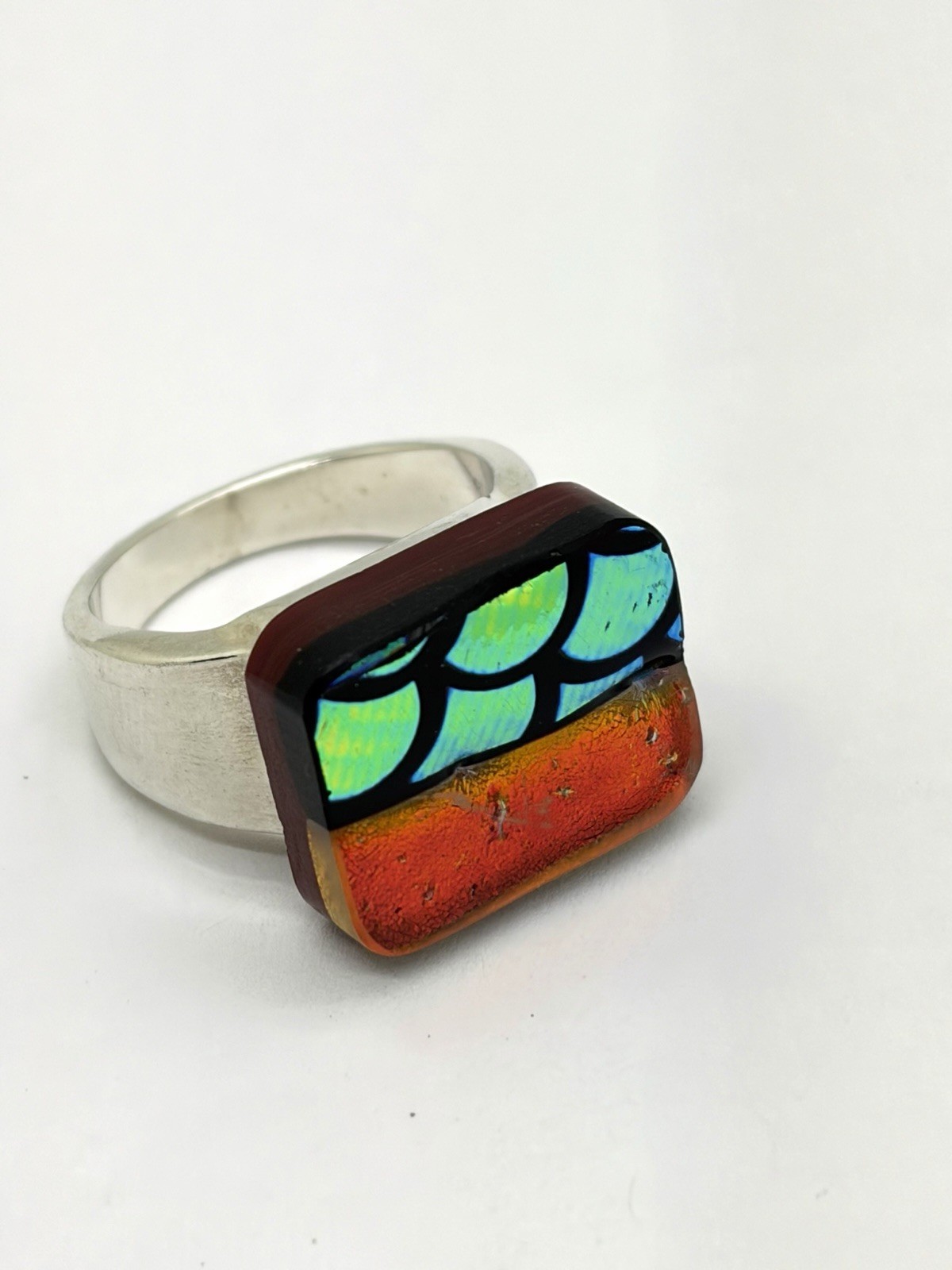 Dichroic Fused Glass Silver Toned Ring-Size 7.75