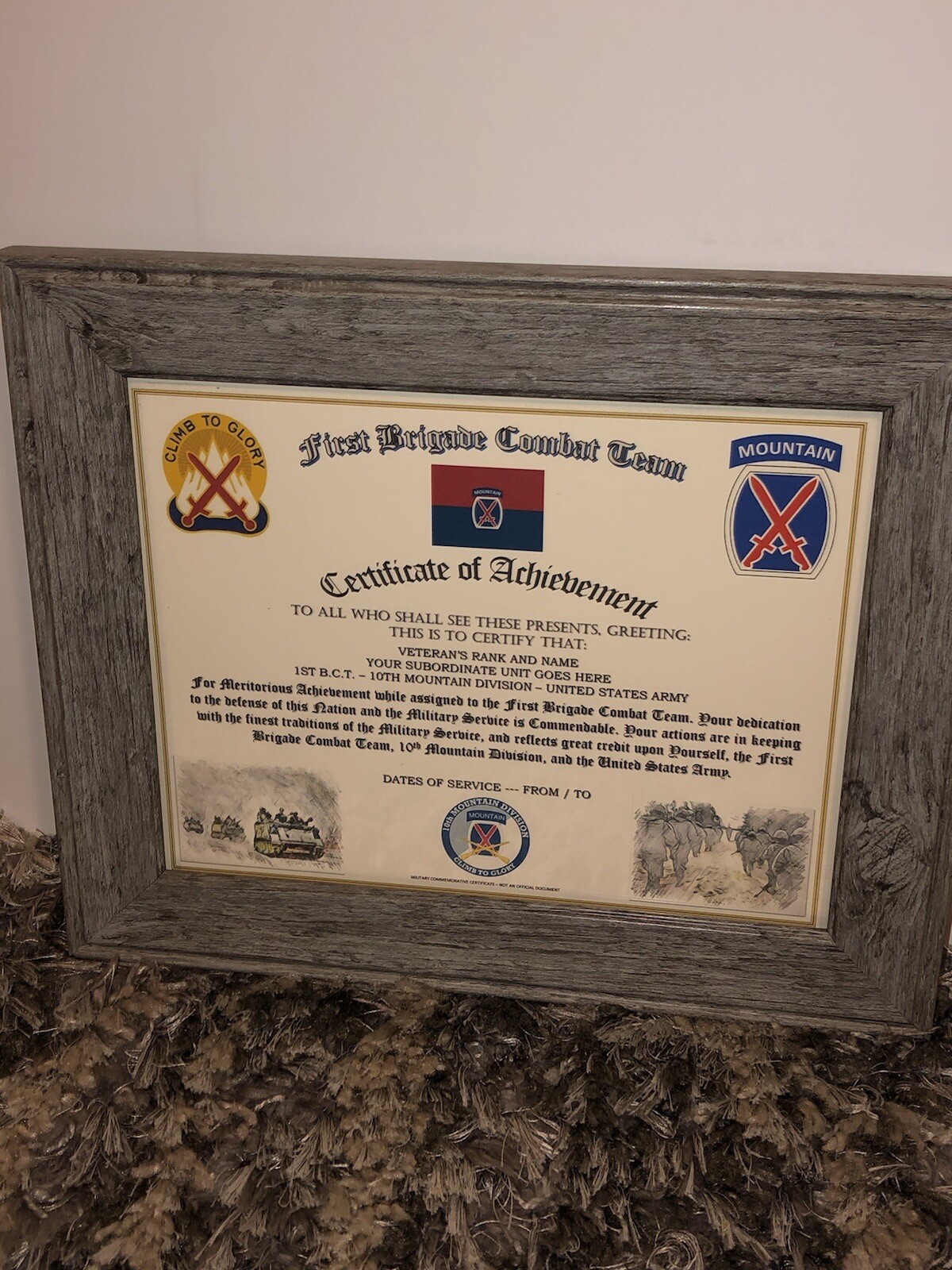 1ST B.C.T. / 10TH MOUNTAIN DIVISION - COA / (COMMEMORATIVE CERTIFICATE)