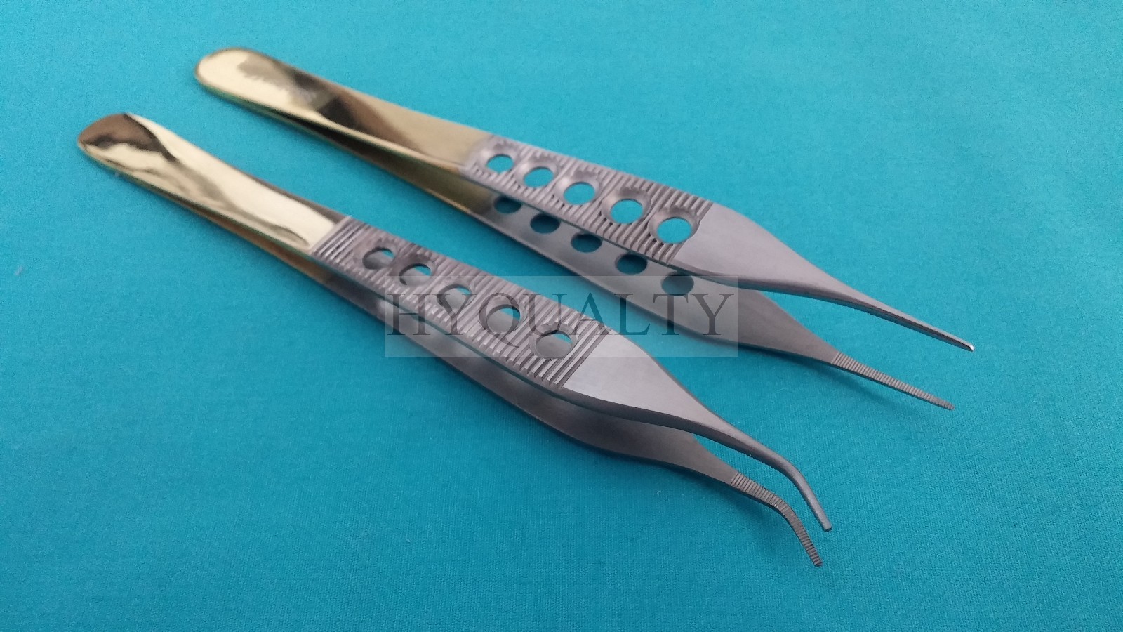 2 Pcs ASSORTED ADSON DRESSING FORCEPS 4.75" STRAIGHT+CURVED SERRATED GOLD HANDLE