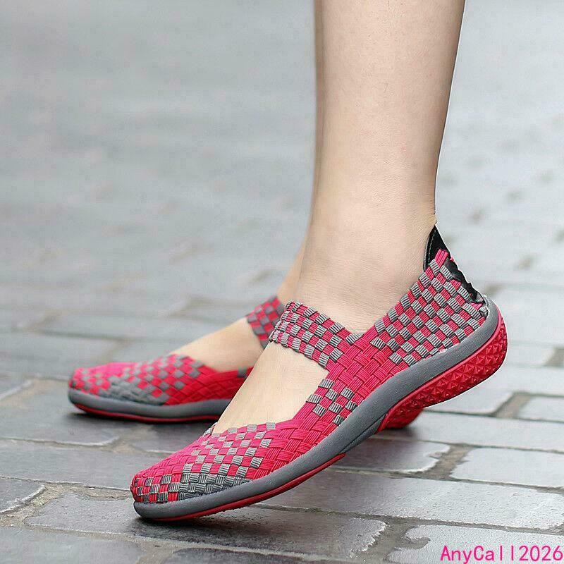 Fashion Womens Slip On Walking Shoes Woven Elastic Mary Jane Lightweight Flats