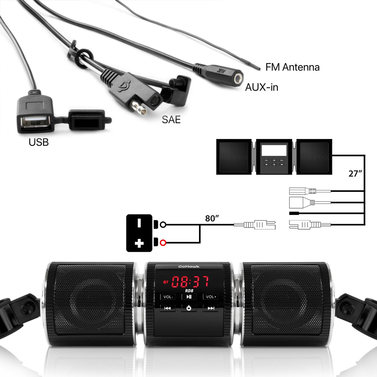 Motorcycle Speakers Bluetooth, Waterproof Motorcycle Audio System Built-in Am...