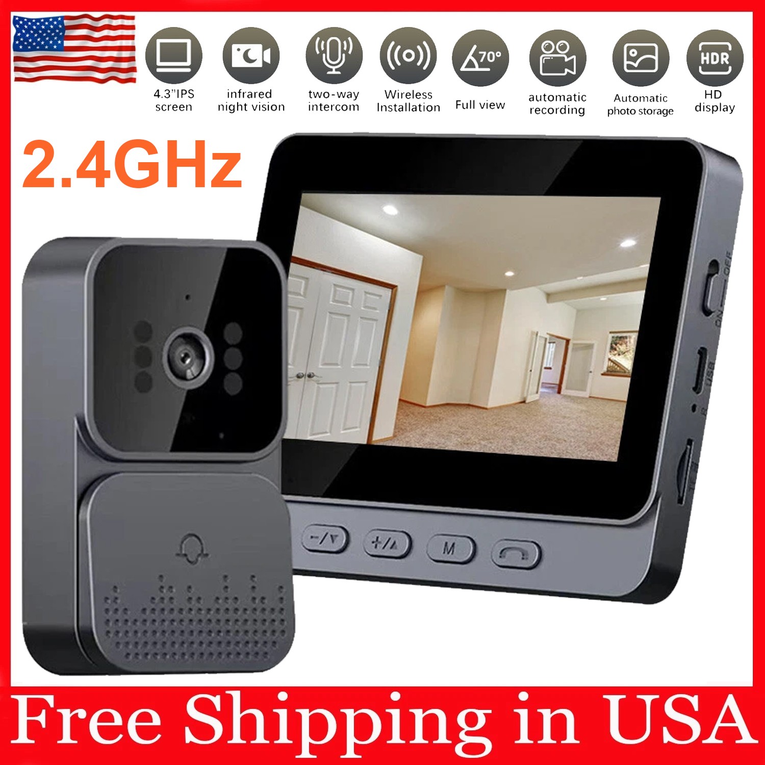 Video Doorbell Camera 1080P 4.3" Screen Night Vision Video Doorbell Wireless