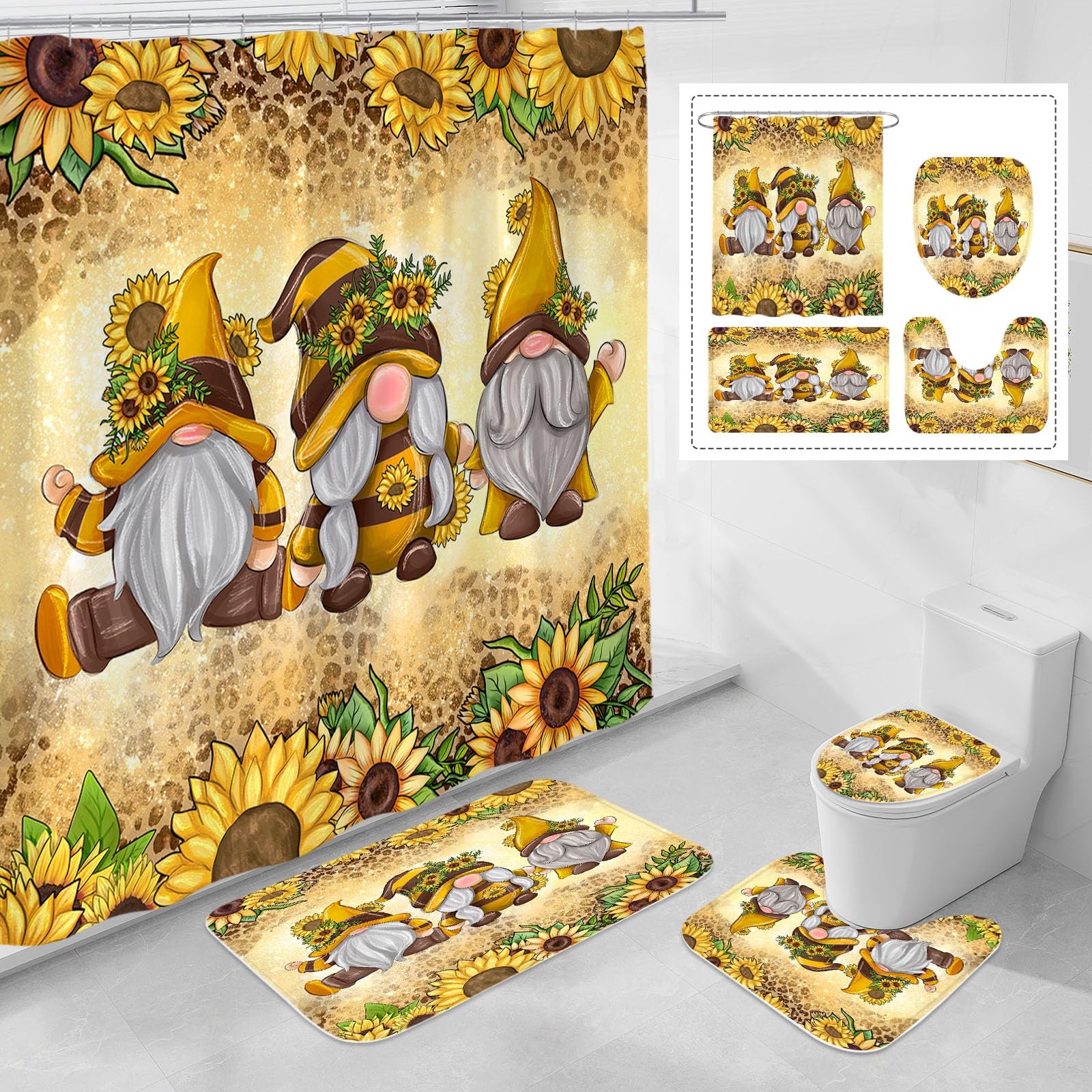 Litabel 4 Pcs Sunflower Gnomes Shower Curtain Set with Non-Slip Rugs, Toilet ...
