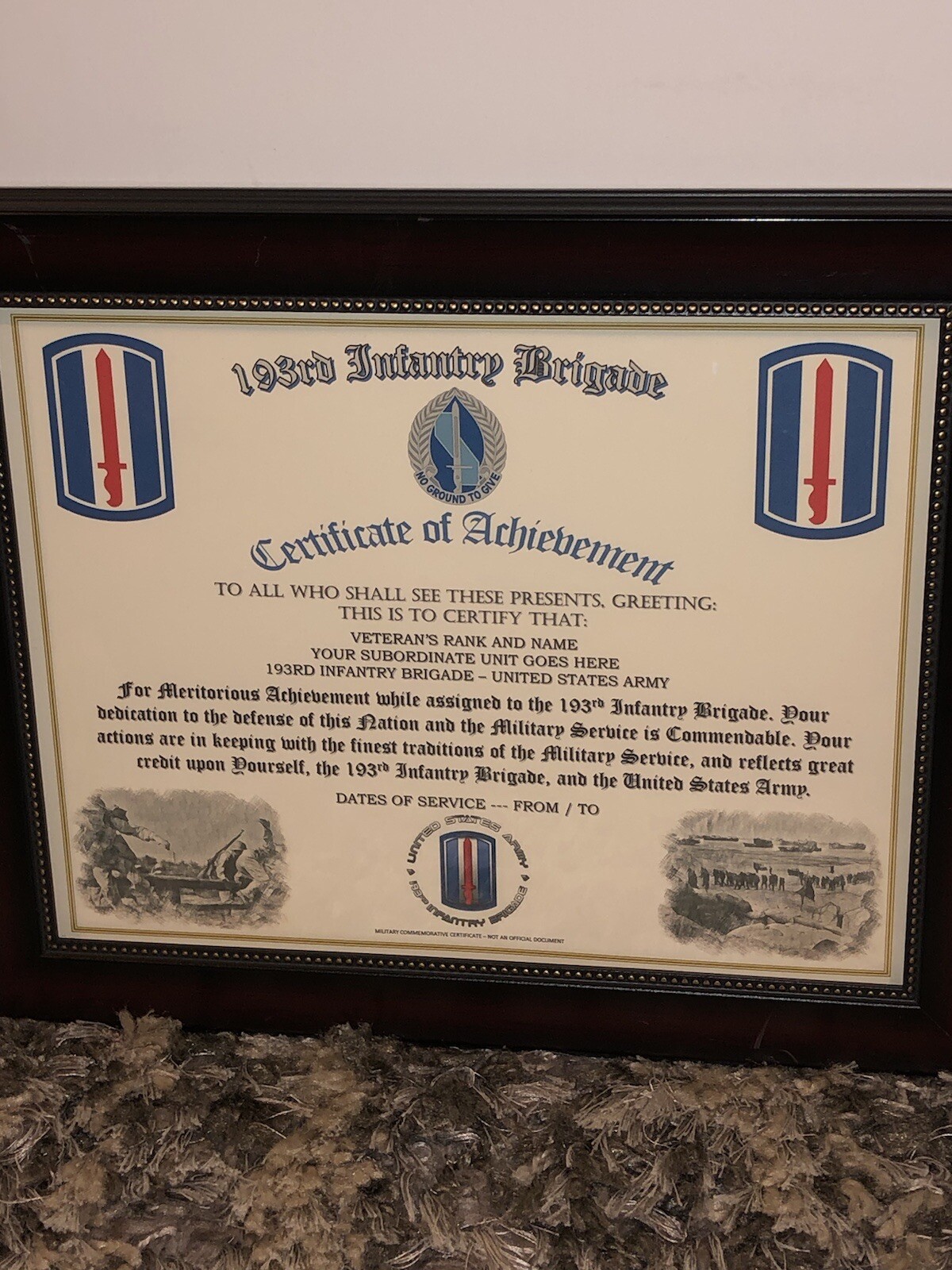 193RD INFANTRY BRIGADE - COA / (COMMEMORATIVE CERTIFICATE)