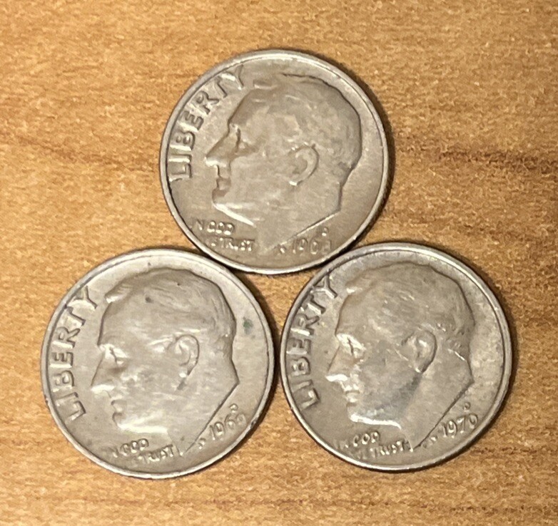 1968 -D , 1969-D , 1970-D Roosevelt Dimes  ( set of 3 )