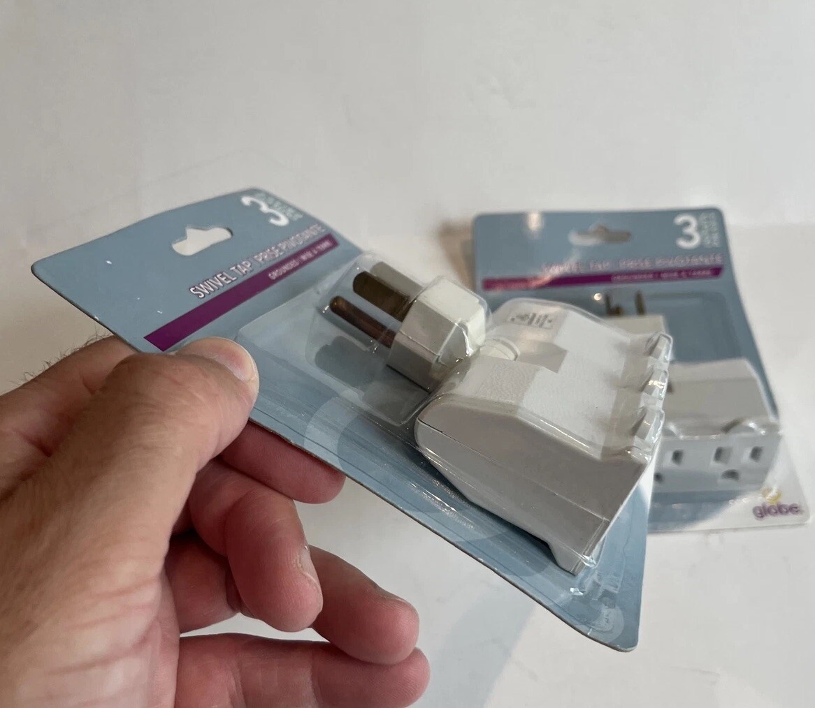 3 Outlet Lateral Swivel Grounded Wall Adapter Tap Globe Lot of 2 NIB New