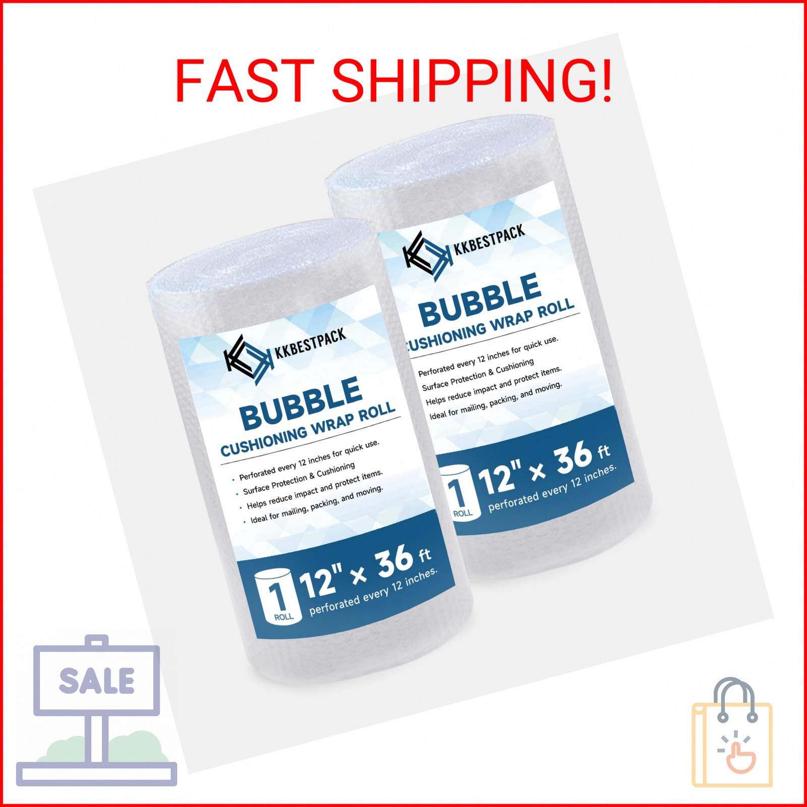 2 Pack Bubble Cushioning Wrap 12 inch x 36 Feet - Large Plastic Packing Roll for