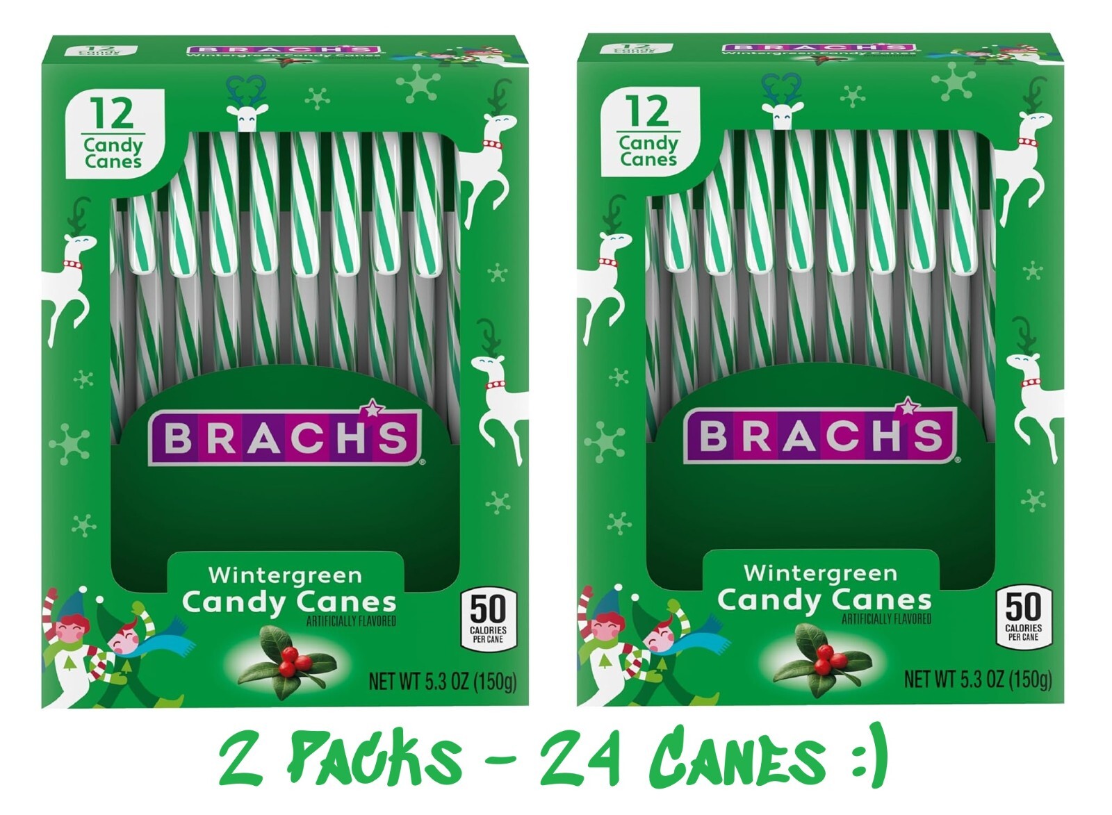 2 Pack (24 Canes) Brachs Wintergreen Christmas Candy Canes Full Size Ind Wrapped