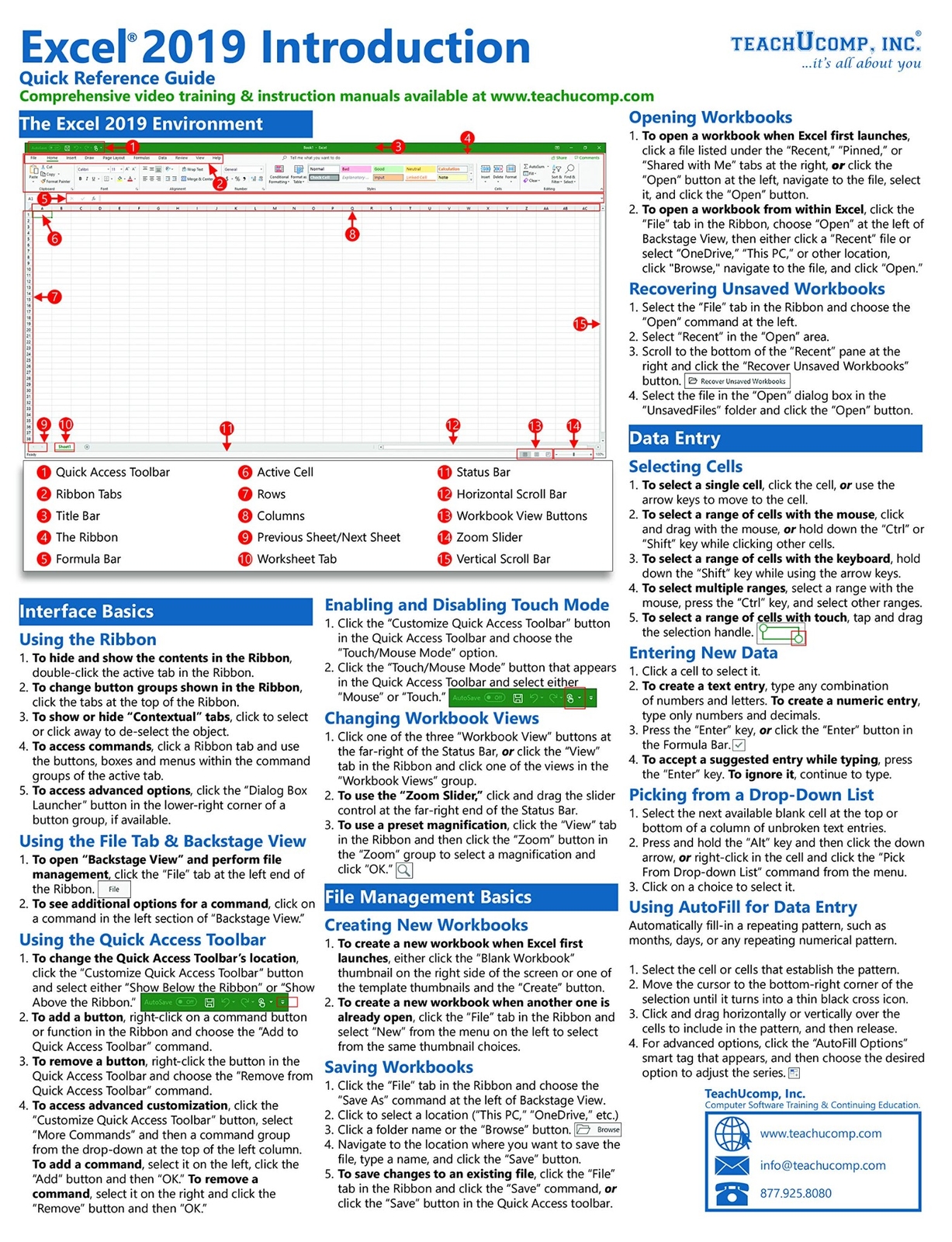 Excel 2019 Training Guide Quick Reference Card 4 Page Cheat Sheet Instructions