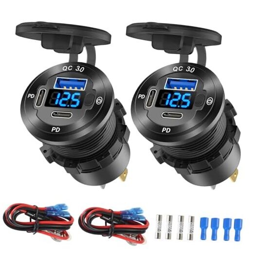 2 Pack 12V USB Outlet 3 Port Car Charger Socket, 78W Dual PD USB C Pack of 2