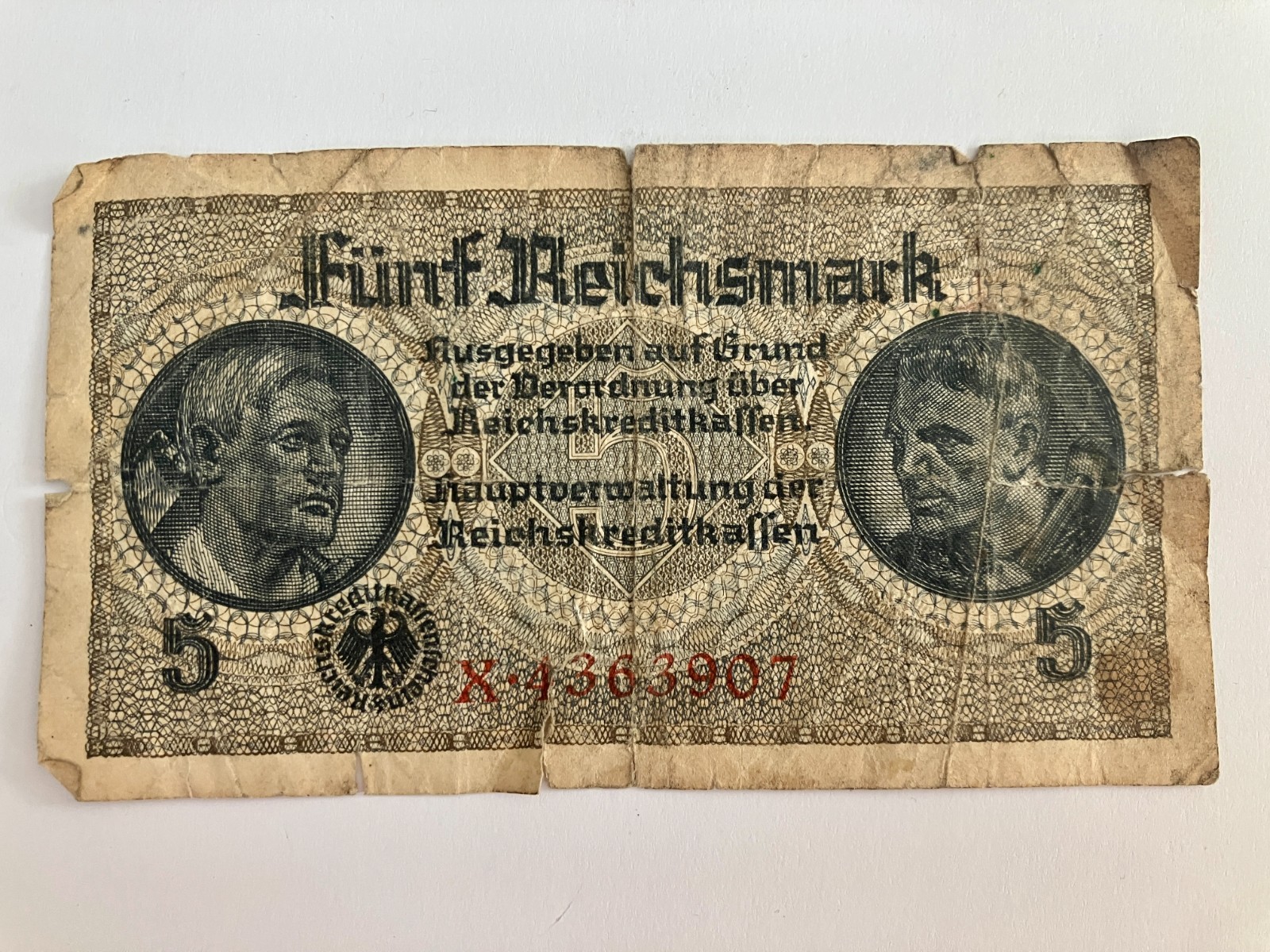 WW2 Germany 5 Reichsmark Banknote German WWII Currency Vintage Note