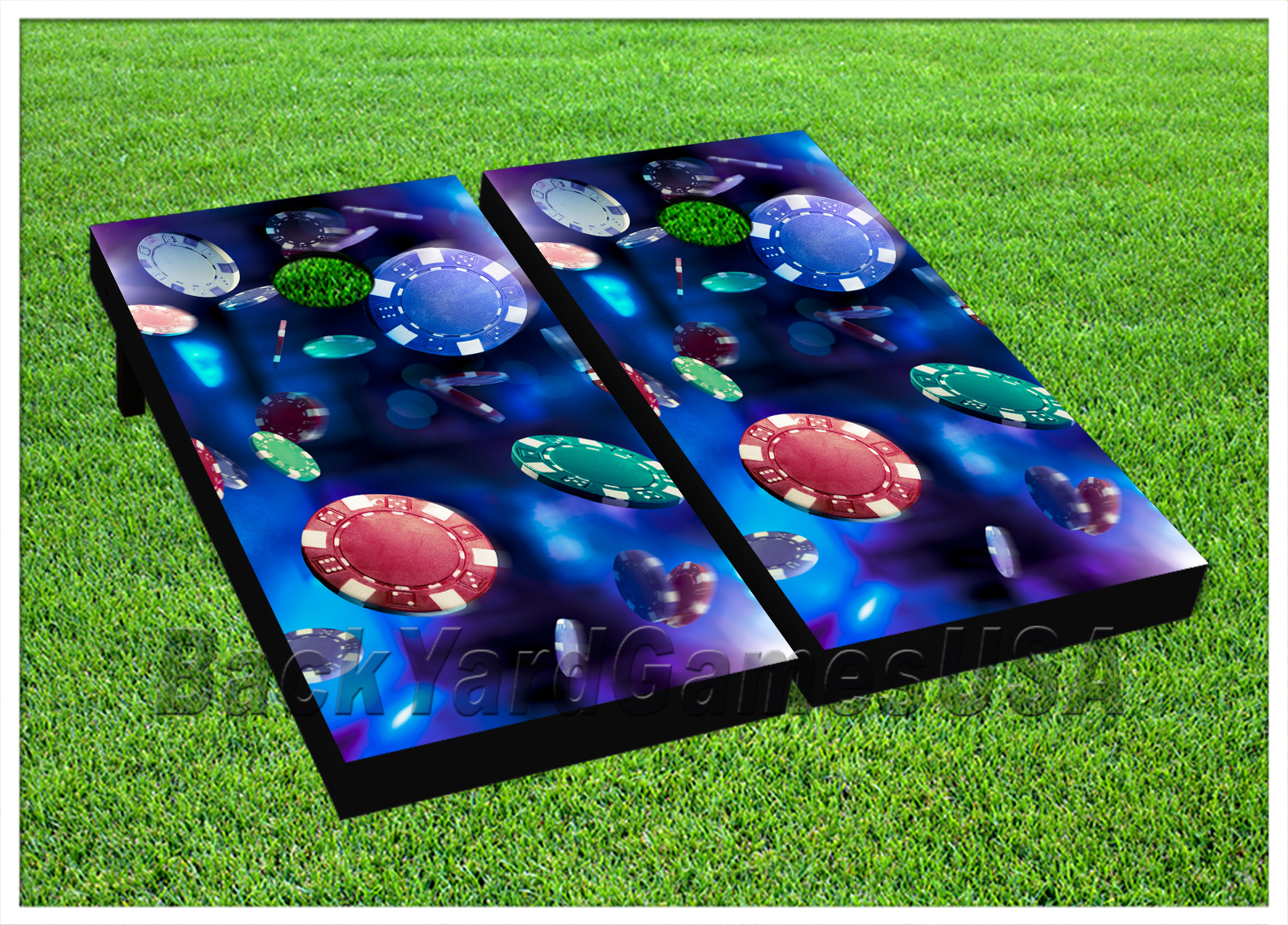 CORNHOLE BEANBAG TOSS GAME w Bags Game Boards Poker Chips Casino Blue Set 968