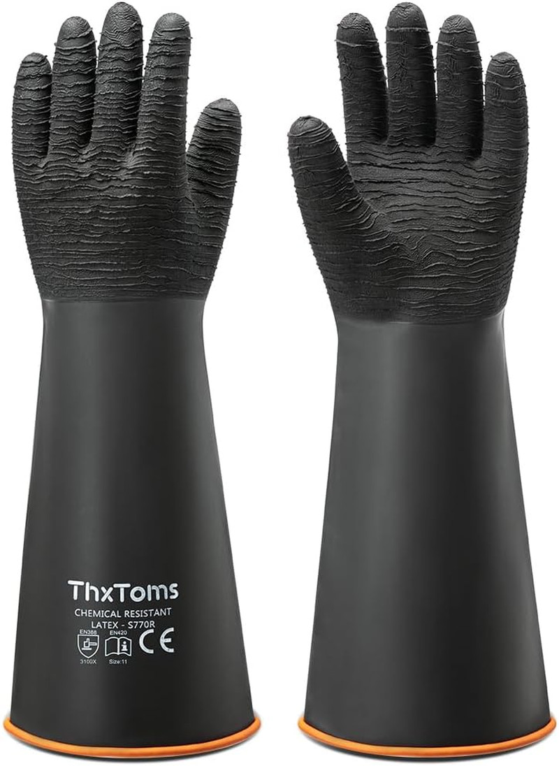 Heavy Duty Rubber Gloves, Industrial Chemical Resistant, Waterproof, 18" 1 Pair