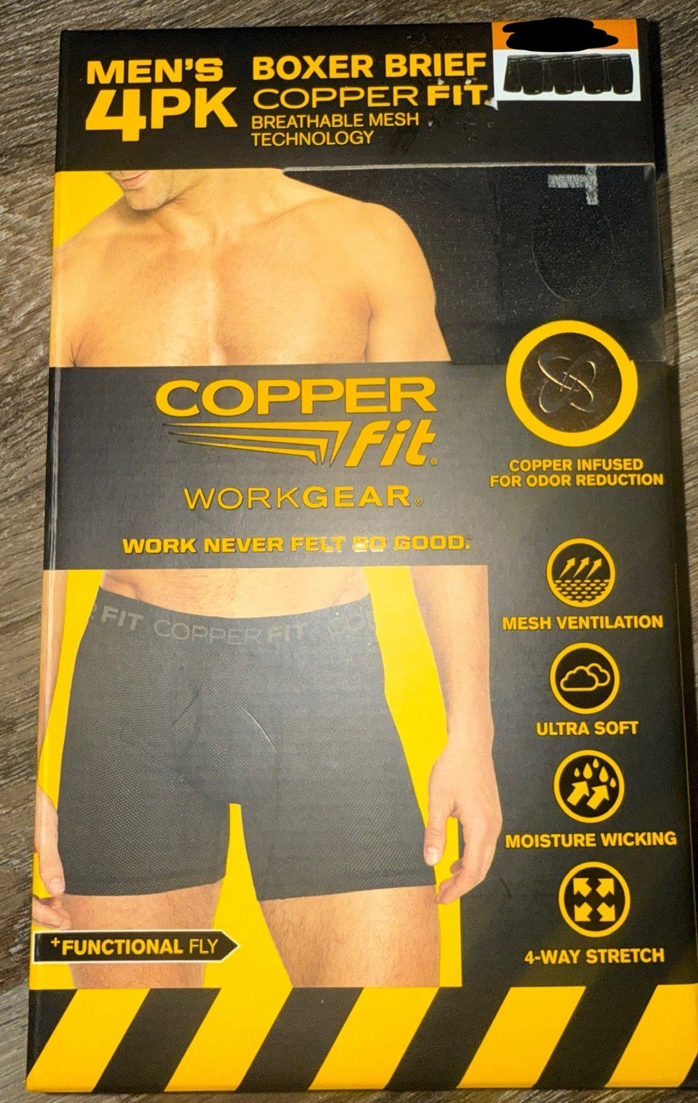 Copper Fit Workgear ~ 4-Pair Mens Boxer Brief Underwear Nylon Blend Black ~ XL