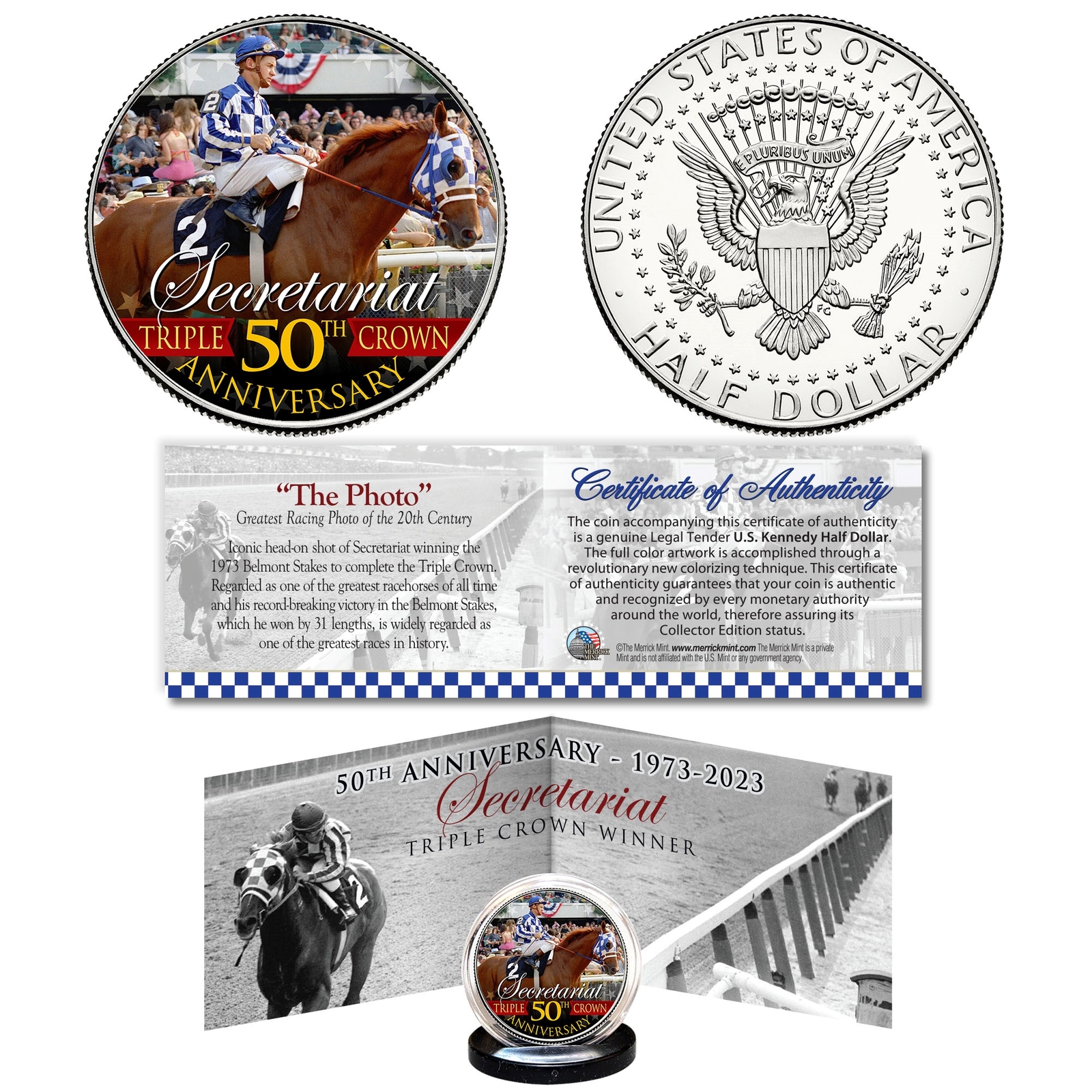 SECRETARIAT Triple Crown 50th Anniversary JFK Half Dollar Coin & Panoramic Cert