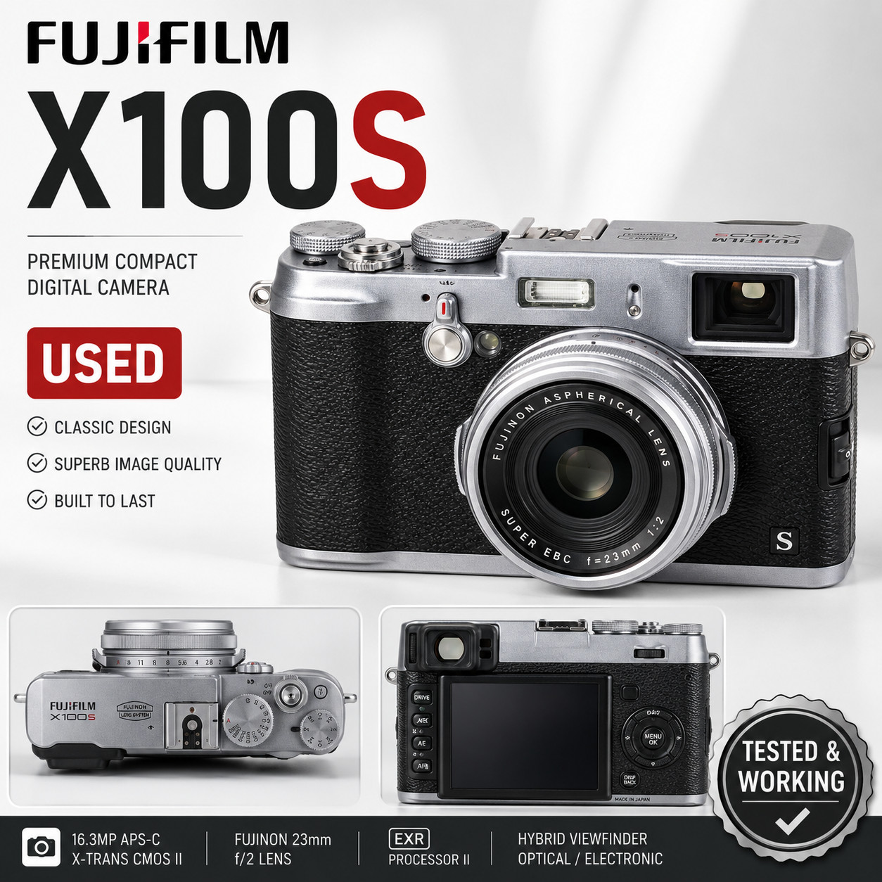 Fujifilm X100S Silver 16.3MP APS-C 23mm F2 Compact Digital Camera Point & Shoot