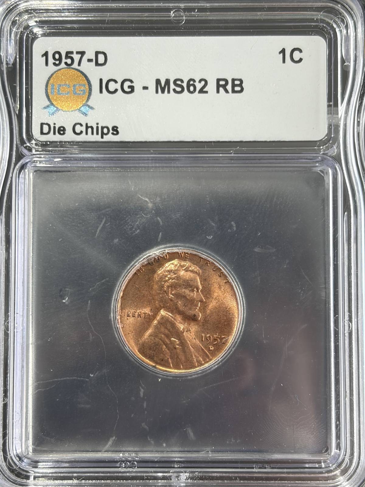 1957 D Small Cents Lincoln, Wheat Ears Reverse ICG MS-62 Red Brown Die Chips