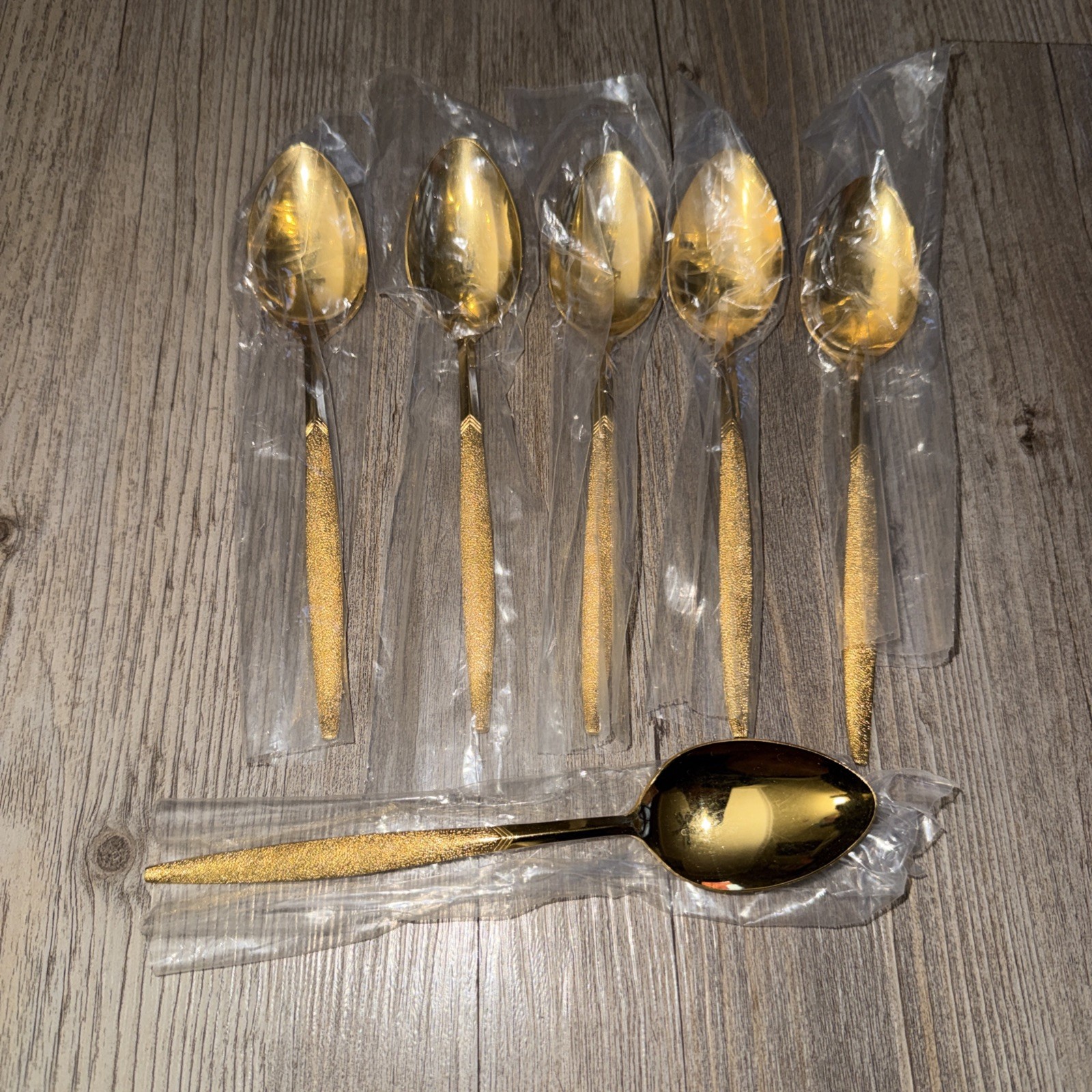 Rare Cosmos Set Of 6 Teaspoons Stainless 24K Gold Electroplate Flatware New MCM
