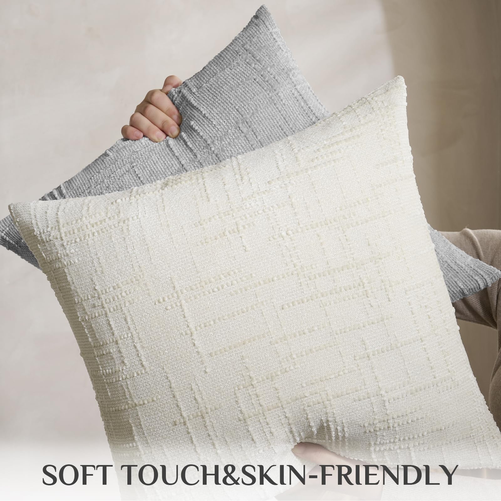 Cream White 20x20 Inch Set of 2 Throw Pillow Covers - Chenille Spring Farmhou...