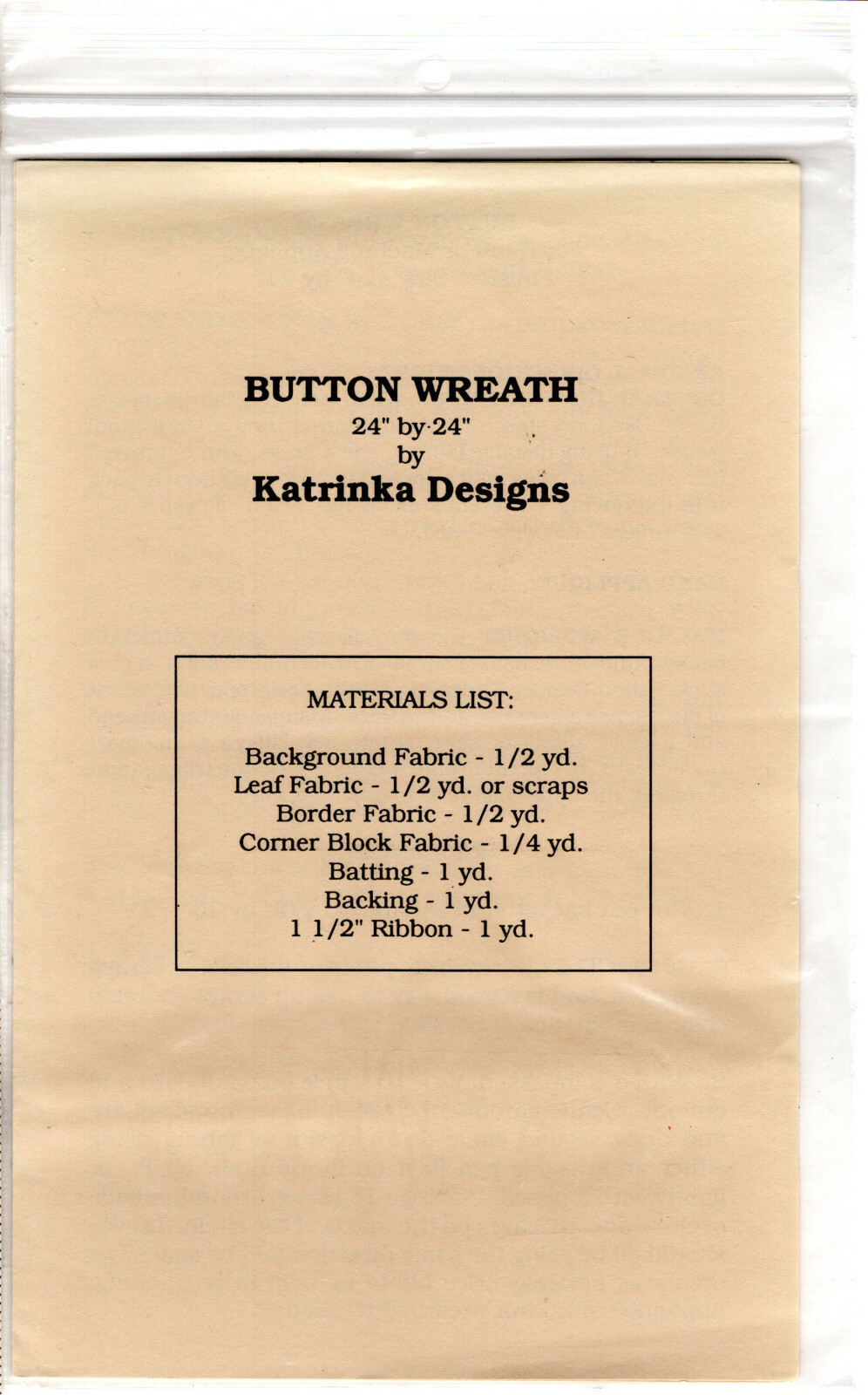 "Button Wreath" Katrinka Designs Quilting Sewing Applique Pattern 24"x24"